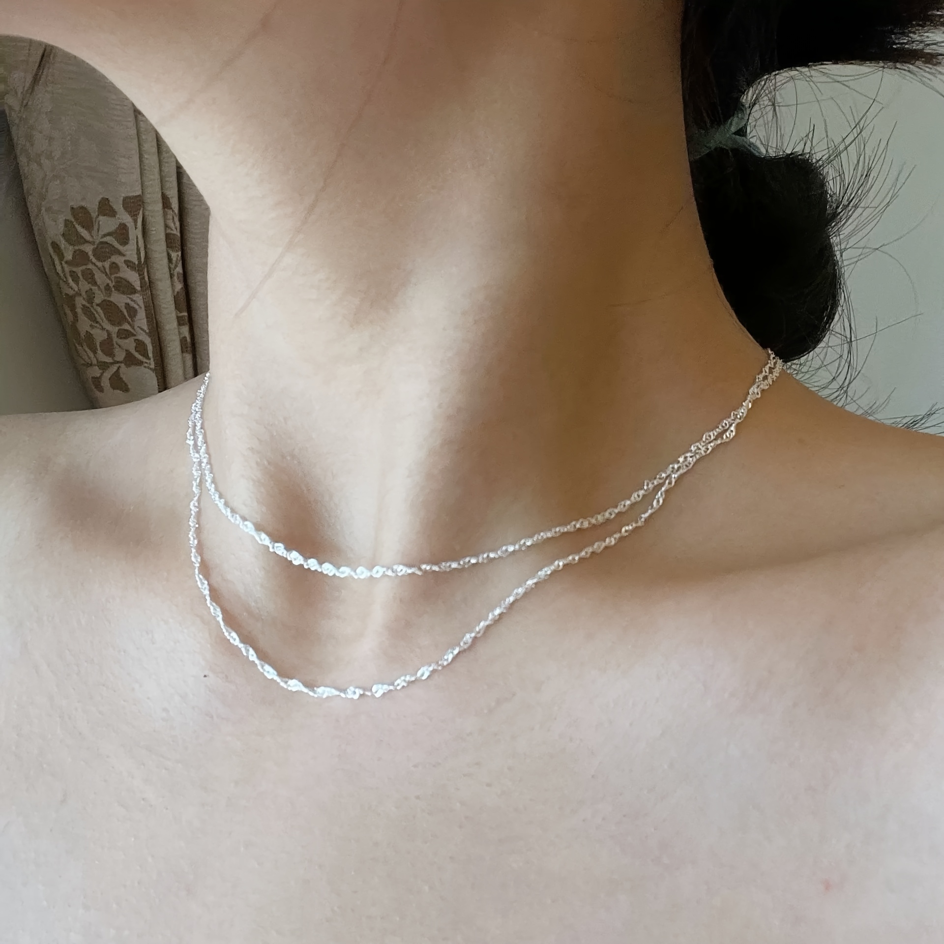 S925 Silvery Wave Chain Necklace, Stylish Choker